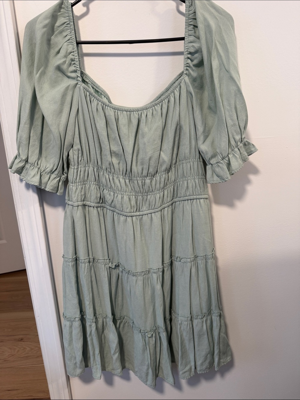 Smocked Sage Puff-Sleeve Tiered Dress